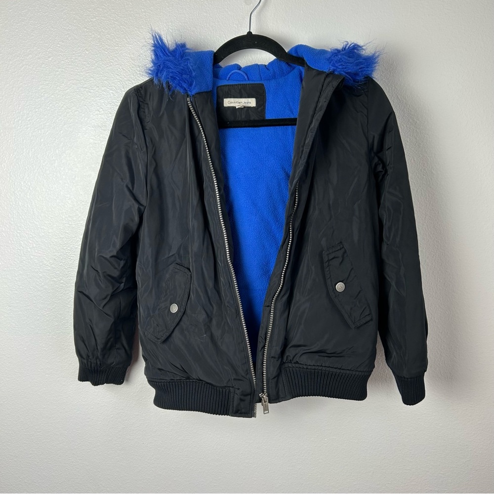 Calvin Klein Girls Blue Fleece Lined Faux Fur Zip Up Jacket Size 12